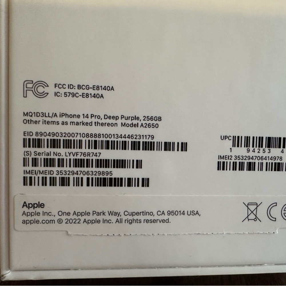 BOX ONLY for Apple iPhone 14 Pro in Deep Purple 256Gb - Picture 4 of 6